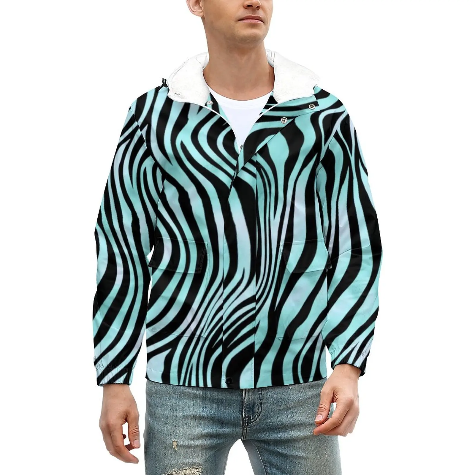 

Ветровка Бирюзовая с принтом зебры, Повседневная Уличная куртка с карманами, с графическим принтом, бирюзовый цвет, модная одежда для зимы
