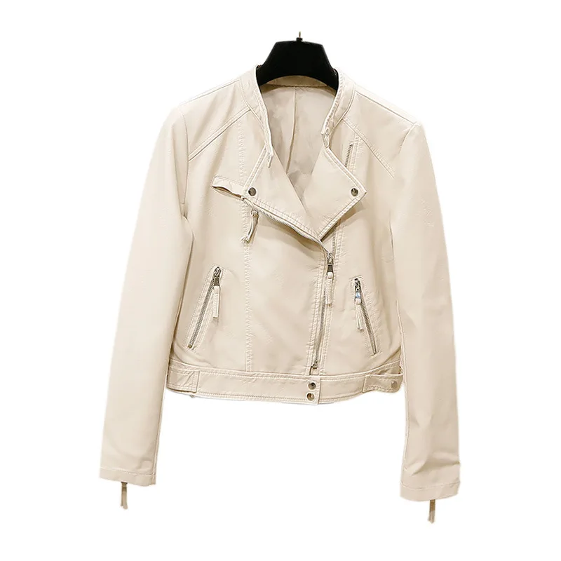 2023 autumn clothes women's stand-up leather coat small coat slim motorcycle short leather jacket