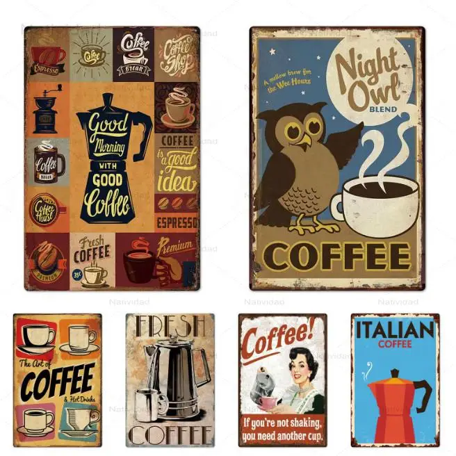 

Metal Sign Tin Full-Bodied and Pure Coffee Posters and Pictures Plaque Vintage Wall Decor for Shop and Kitchen Ironing Painting