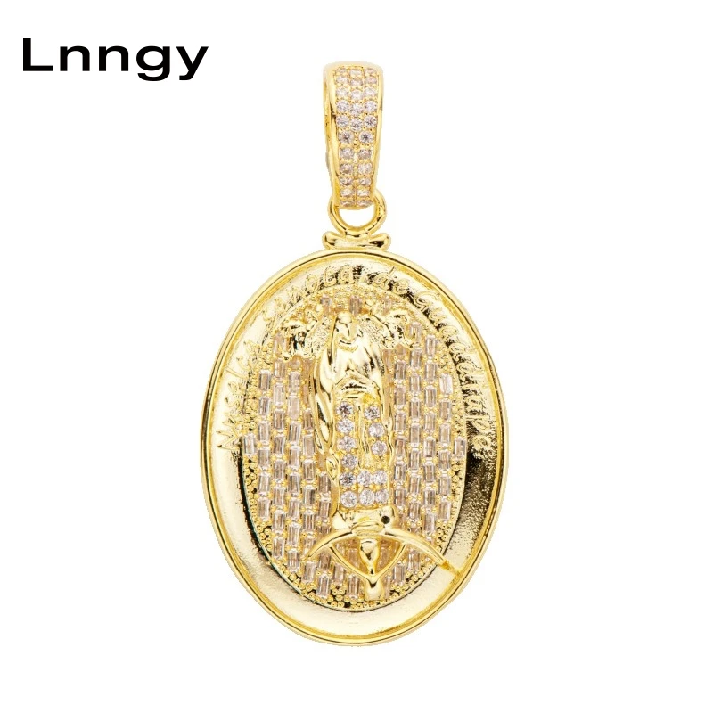 

Lnngy Yellow Gold Oval Shape Pendant 10K Solid Yellow Gold Geometric Pave Baguette CZ Iced Out Hip Hop Jewelry for Men Women