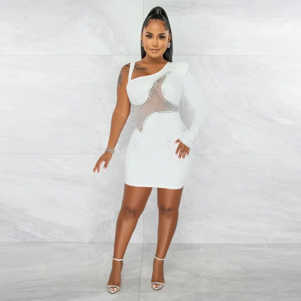 Women Sexy Sequins Evening Dress One Shoulder Long Sleeve Backless Nightclub Dress Fashion Bodycon Hollow  Mini Dresses