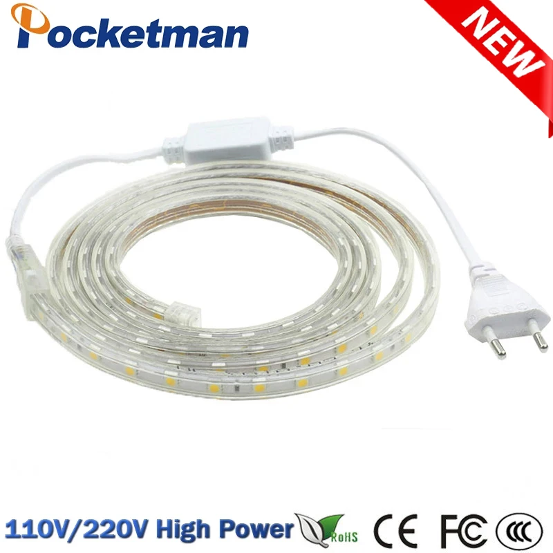 

Гибкая светодиодная лента SMD5050 RGB, 60 светодиодов, водонепроницаемая светодиодная ленсветильник с разъемом питания, 220 В переменного тока