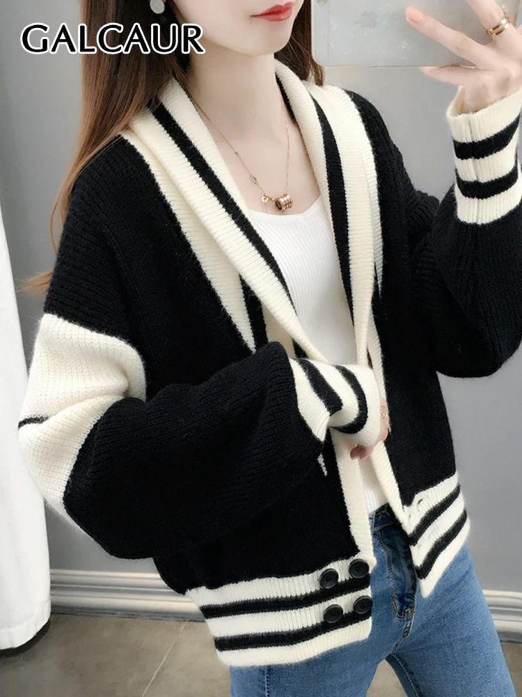 

GALCAUR Striped Knitted Coats For Women Deep V Neck Long Sleeve Double Breasted Loose Cardigan Female Clothing Casual Autumn New