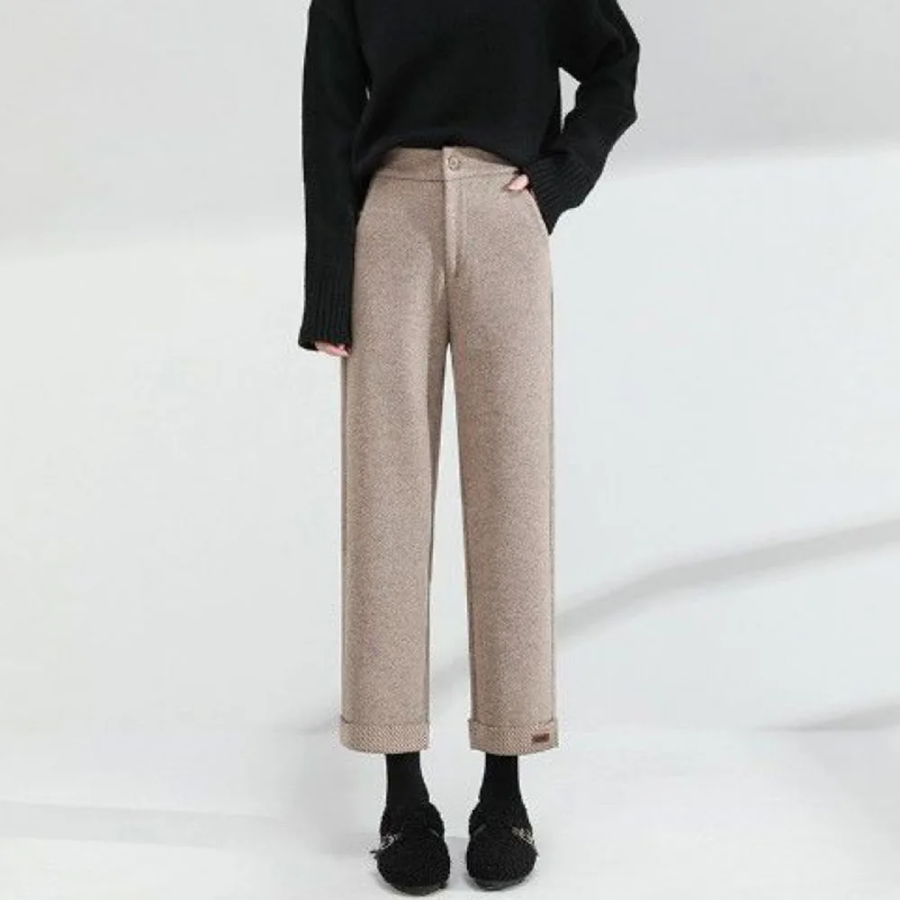 

Woolen Pants Women's Wide-legged Buttoms 2022 New High-waisted Slim Casual Nine-point Loose Black Thick Straight-leg Trousers