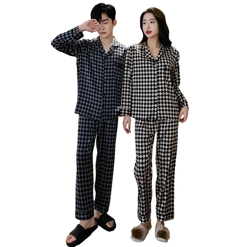 Long-sleeved Trousers Satin Plaid Couple Pajamas Women Men Summer Home Clothes Suit Sleepwear Women Loungewear Women