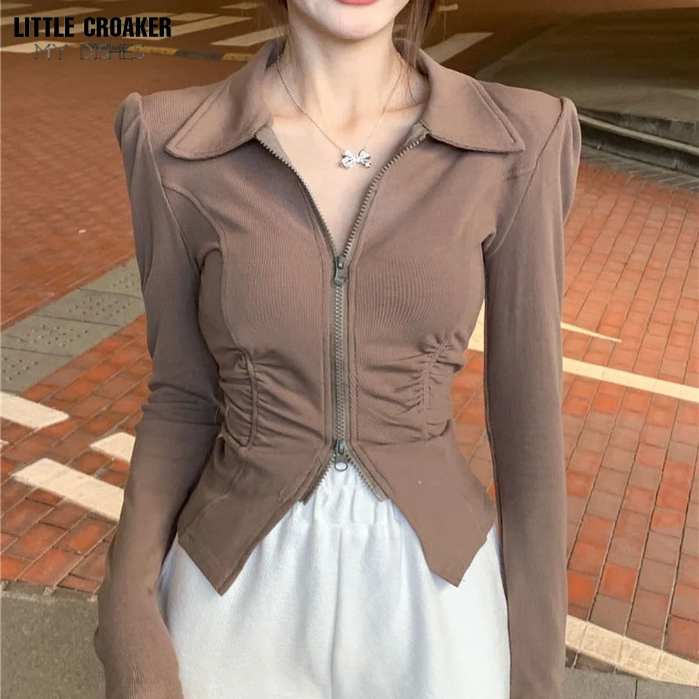 

Shirt Women Summer Crop Blouse Bandage Zipper High Street Vintage Fashion Y2k Tops Short Sleeve Female Harajuku Alt Clothes