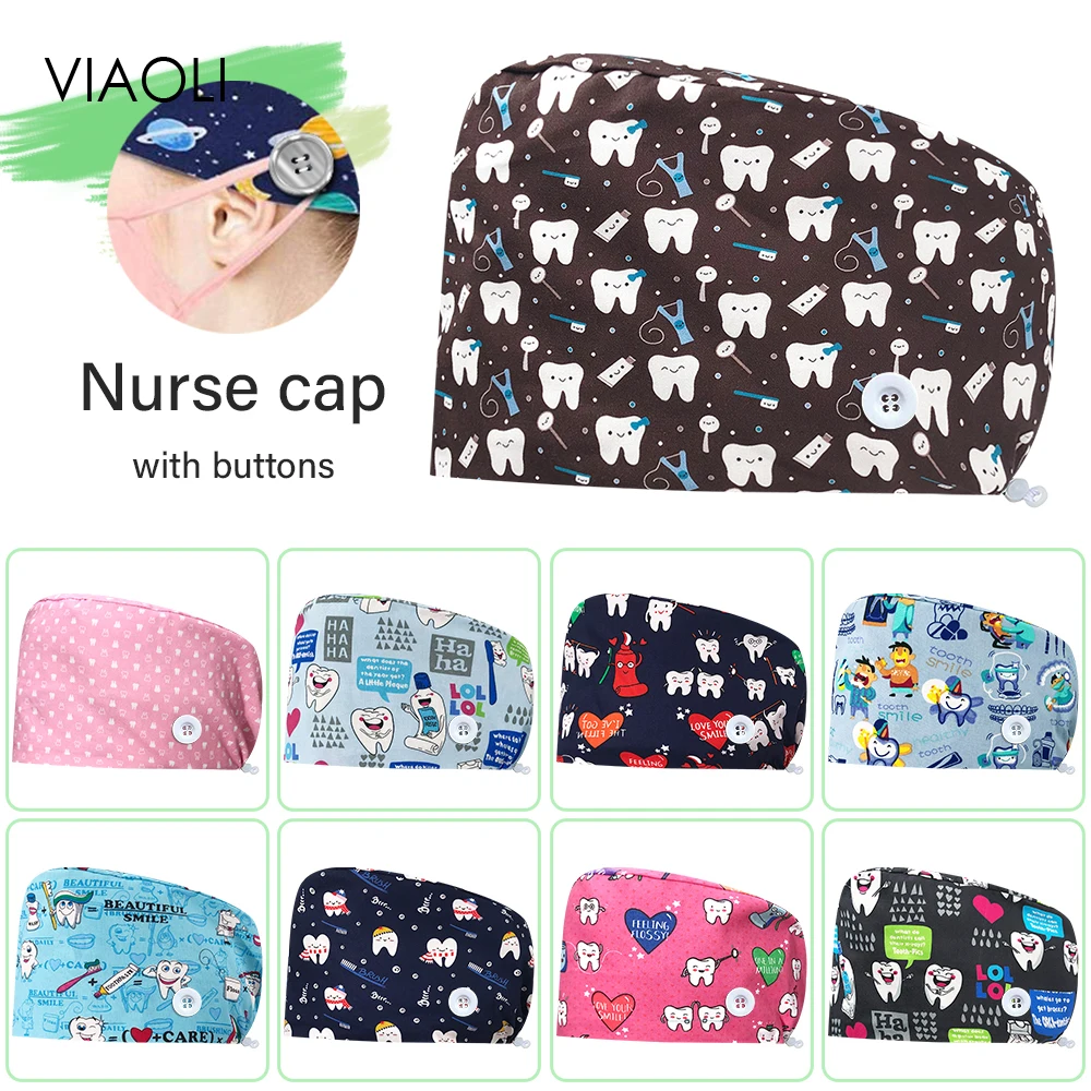 

Высококачественная Женская хирургическая шапочка с мультяшным принтом, хлопковая дышащая шапочка для стоматолога, лабораторные бриллиантовые пуговицы