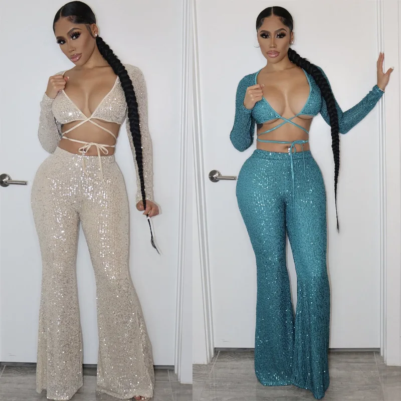 

American Clothing For Women Sexy Pure Color Elegant Long Sleeve Wrapped Chest Short Tulle Pants Set Jacquard Casual Set