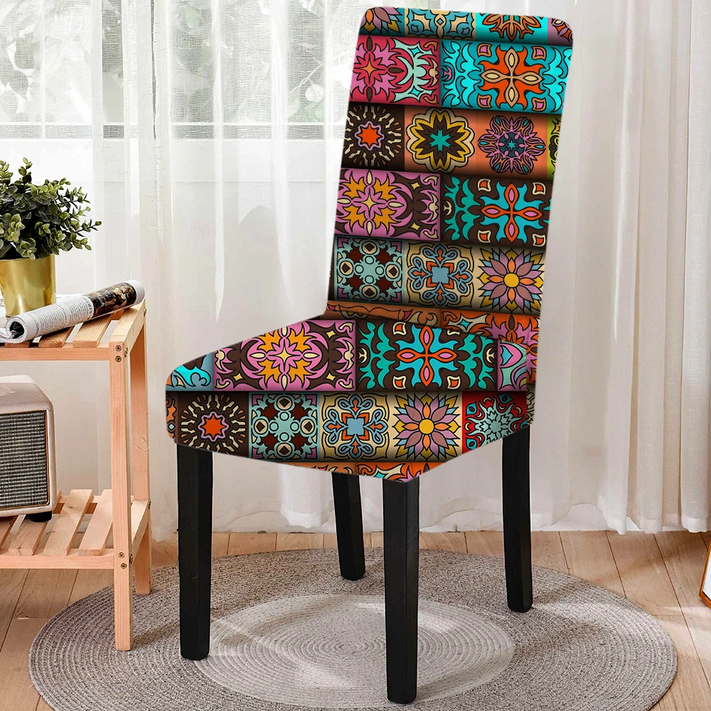 

Plaid Series Mandala Print Spandex High Back Chair Covers Stretch All-inclusive Dust-proof Dining Seat Cover Home Decor
