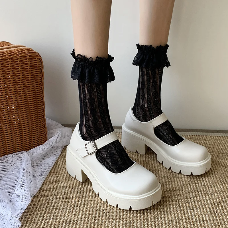 

lolita shoes Women Japanese platform shoes heels mary janes Style Vintage shoes for women College Student white Women's shoes 40