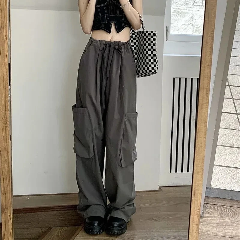 

Zoki High Waist Women Cargo Pants Drawstring Summer American Loose Wide Leg Pants Vintage Gray Pockets Casual Ladies Trousers