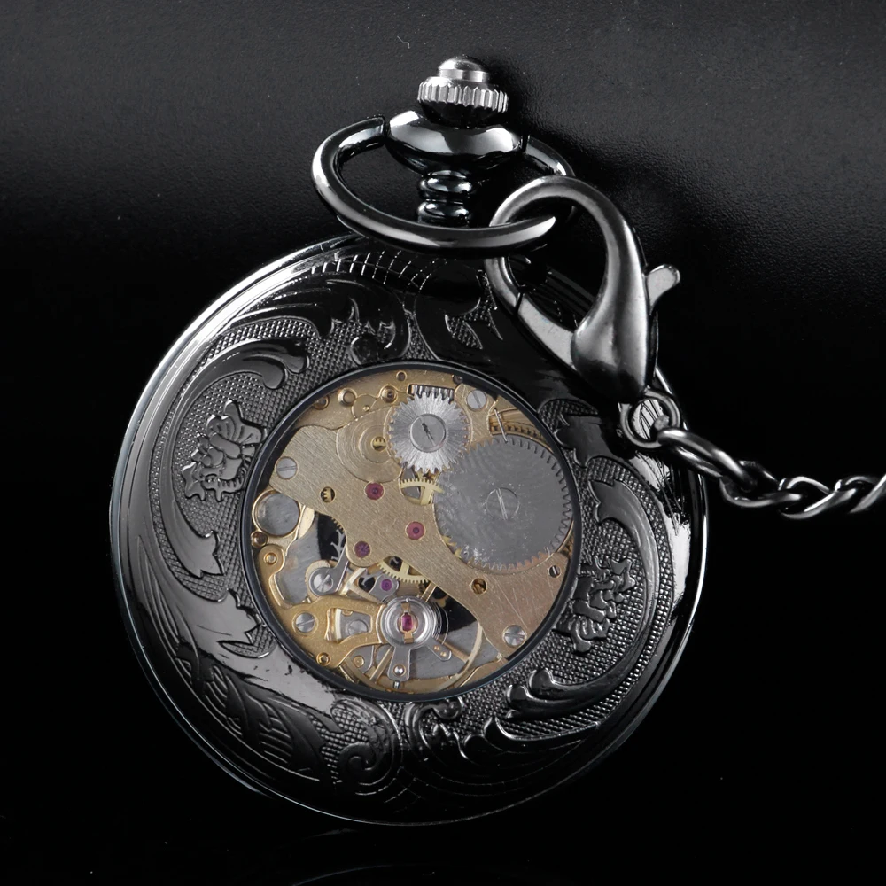 Black Petal Hollow-Out Design Mechanical Manual Pocket Watch Roman Digital Skull Dial Pendant Automatic Antique Clock
