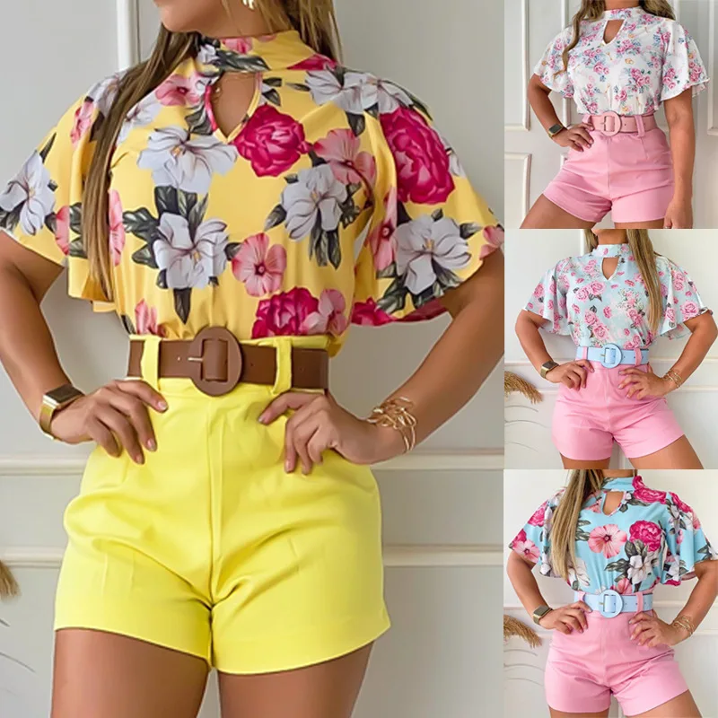 

Summer New Women's Set Printing 2 Piece Suit Trumpet Sleeve Pullover Shorts Hot Pants Commute Casual Fashion Female Outfit
