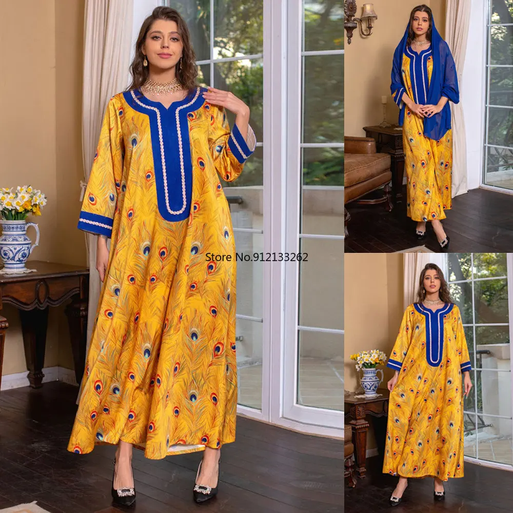 

Elegant Ethnic Print Maxi Dress for Women Spring 2023 New Muslim Jalabiya Dubai Moroccan Caftan Middle Eastern Clothes Ramadan