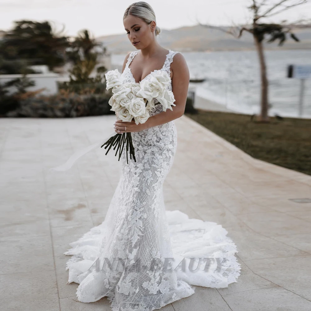 

Anna Exquisite Trumpet Tank Wedding Dresses For Mariages Lace Appliques V Neck Backless Sweep Train Robe De Soirée De Mariage