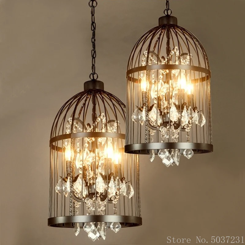 American Vintage Crystal Pendant Lights Bird Cage Hanging Lamp Iron Restaurant  Industrial Lighting Home Decor Luminare Fixture