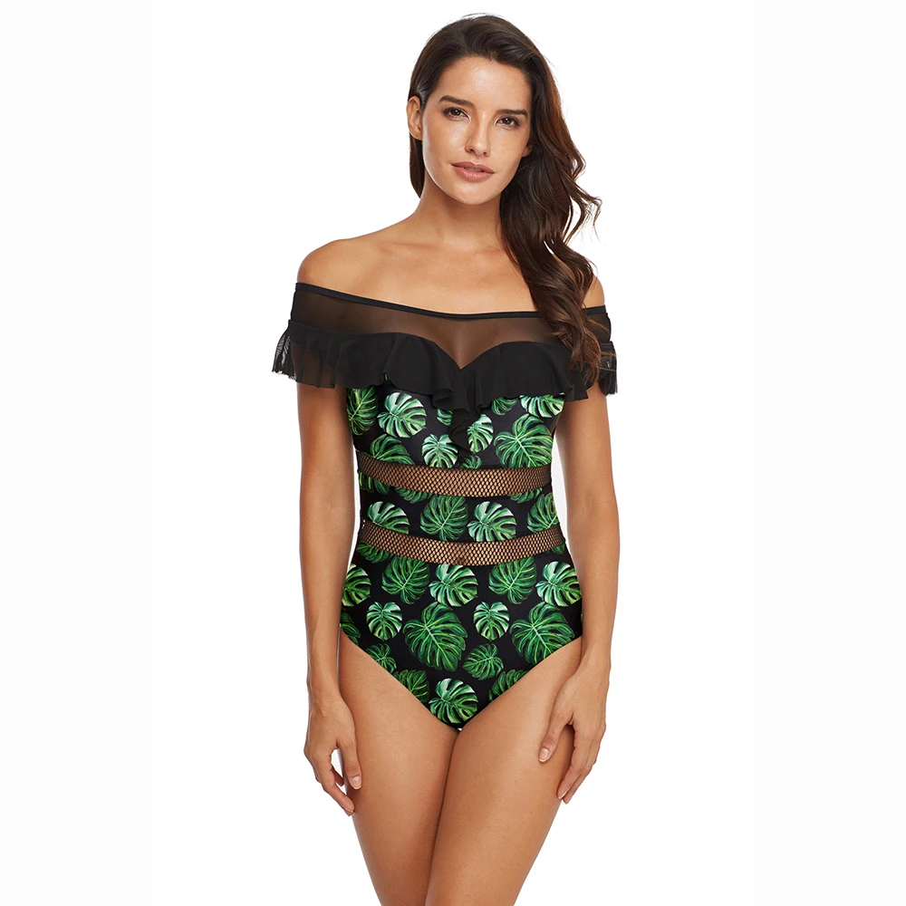 

Купальники с пальмовыми листьями, купальник с вырезами и принтом, Женский цельный Монокини, сексуальные сетчатые купальники в стиле пэчвор...