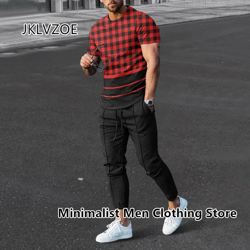 New Men's Tracksuit 2 Piece Set Letter 3D Printed Summer Sportswear Short Sleeve T Shirt+Long Pants Casual Oversized Clothes