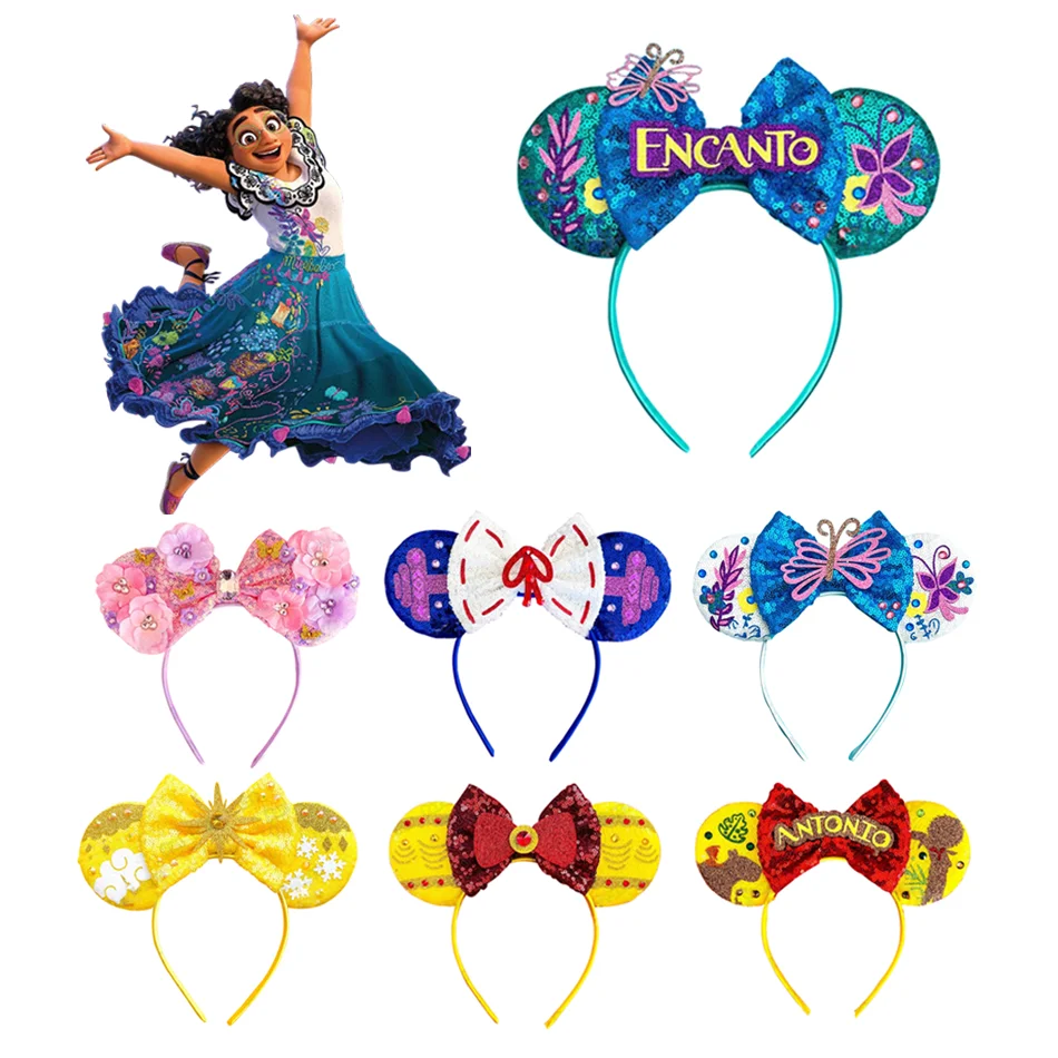 Disney Encanto ears Headband Girls Sequin Hair Bow Butterfly Cosplay Isabela Mirabel Party Headwear Kids Festival Hair Accessory
