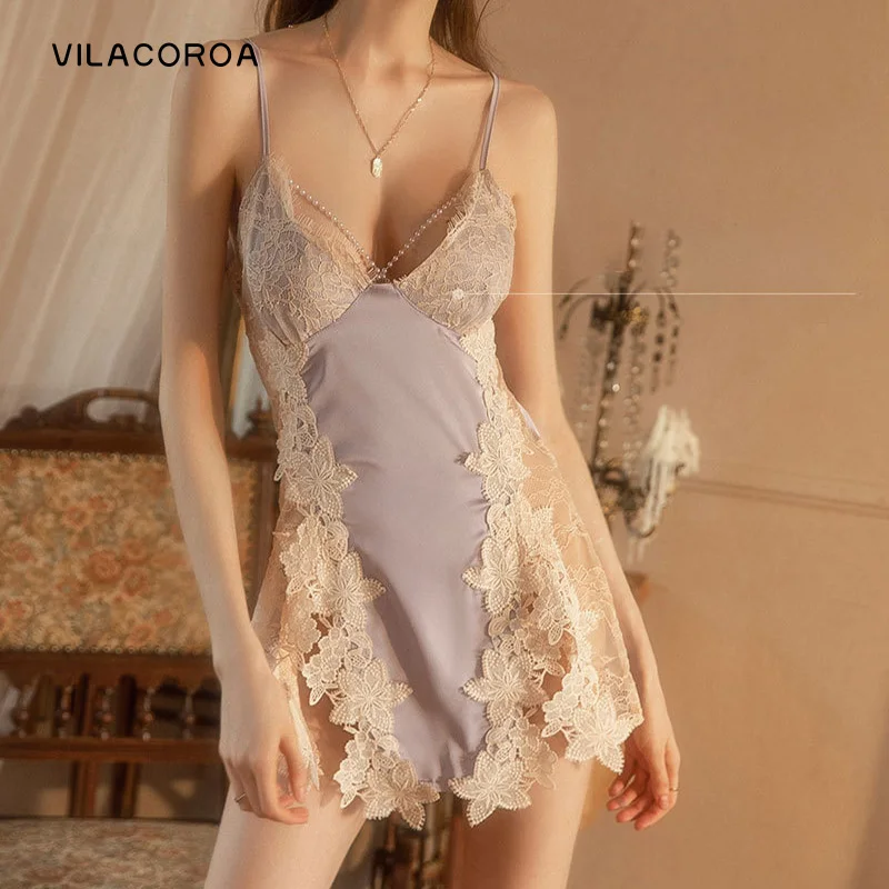 

Thin Hot Pearl Sleepwear Lace Sexy Women's Pajamas Luxury Ice Silk Nightdress With Chest Pad Suspenders Nightwears For Ladies