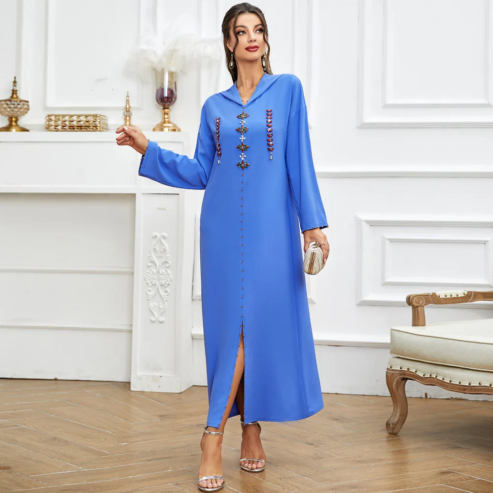 

Muslims Women Dress New Blue Diamonds Ladies Arabian Hooded Robe Dress Abayas For Women Muslim Fashion Dubai Turkey Long Dresses