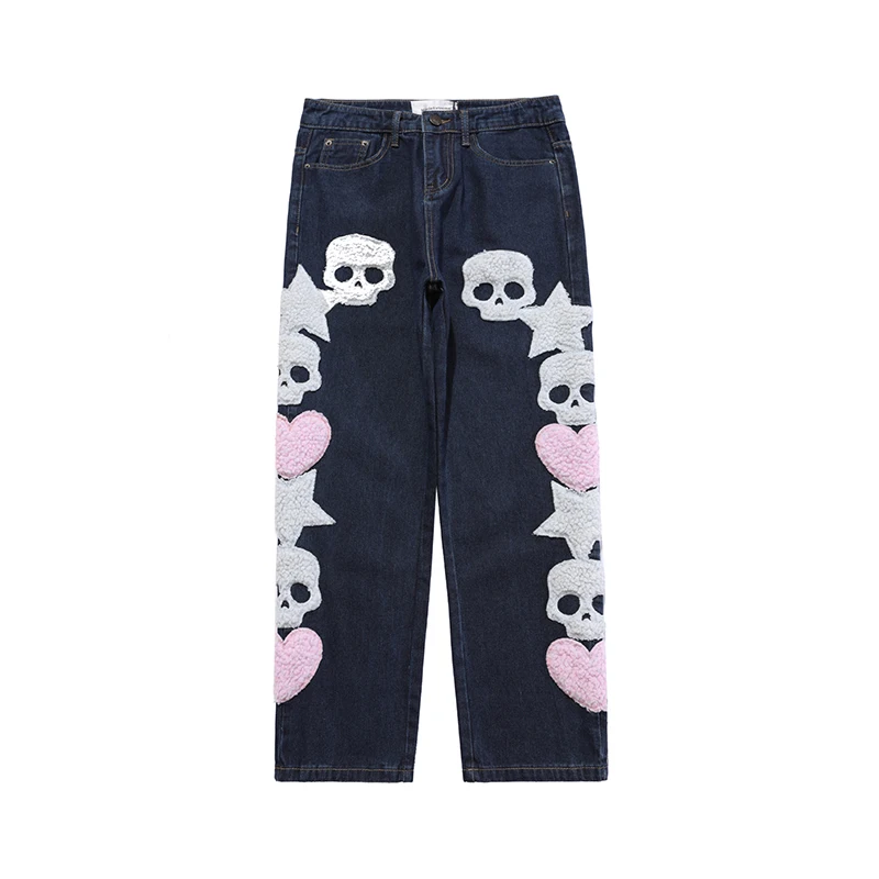 Skull and Stars Towel Embroidery Y2k Ripped Jeans Blue Mens Harajuku Vibe Style Streetwear Oversized Casual Denim Pants Trousers