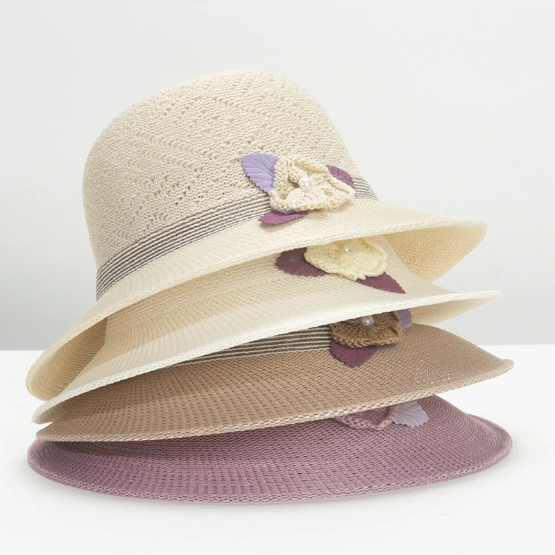 

Summer Sunscreen Caps Women's Sun Hat Bucket Cap Knitted Pearl Flowers Ribbon Flat Top Straw Hat Beach Caps Panama Seaside Hats