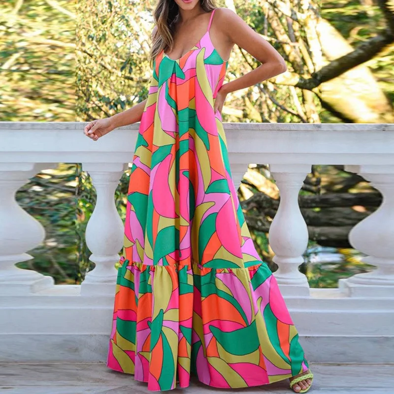 

Women Dress Sling Fashion V-neck Geometric Print Color Loose High Waist Once Big Swing Long And Ankle V-neck Sexy Pullover Dress