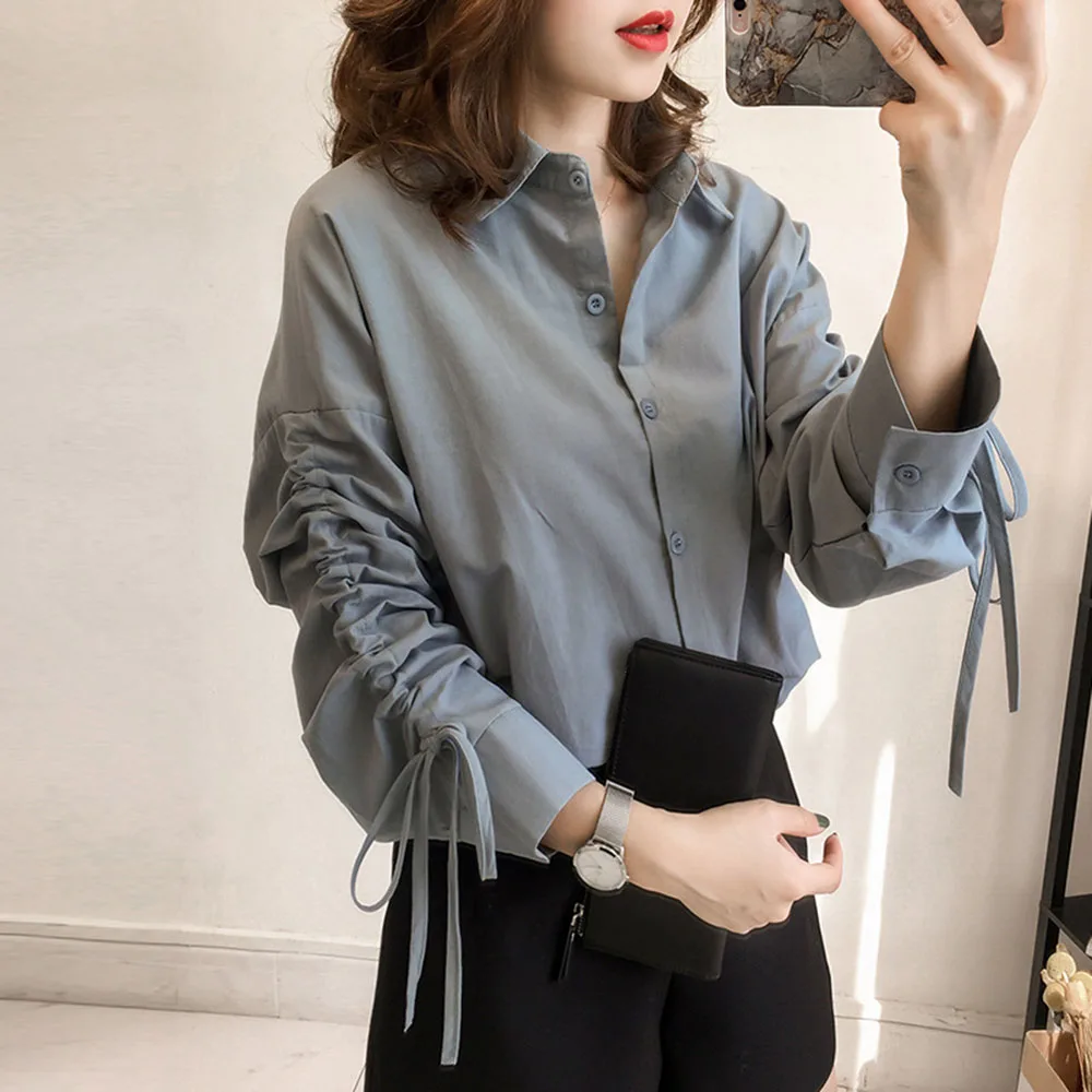 

Casual Ladies Blouse Solid Color Tie Patchwork Long Sleeve Lapel Single-breasted Loose Fresh Fashion Spring Blouse For Women