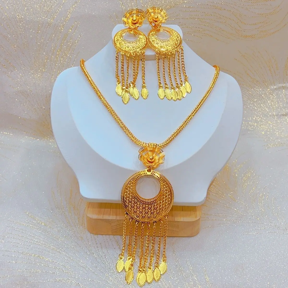 Новый комплект женских свадебных украшений из ожерелья и серег с золотым