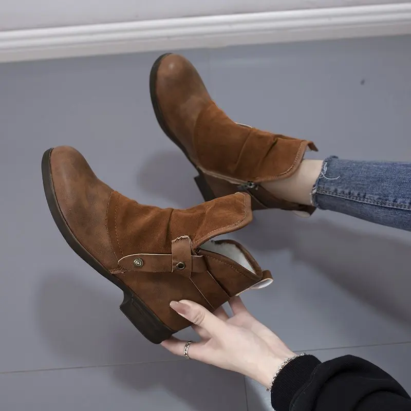 

Women Shoes Snow Boots Ladies Winter Flock Warm Boots Ankle Boots Short Bootie Slip-On Square Heel Outside Shoes Women Boots