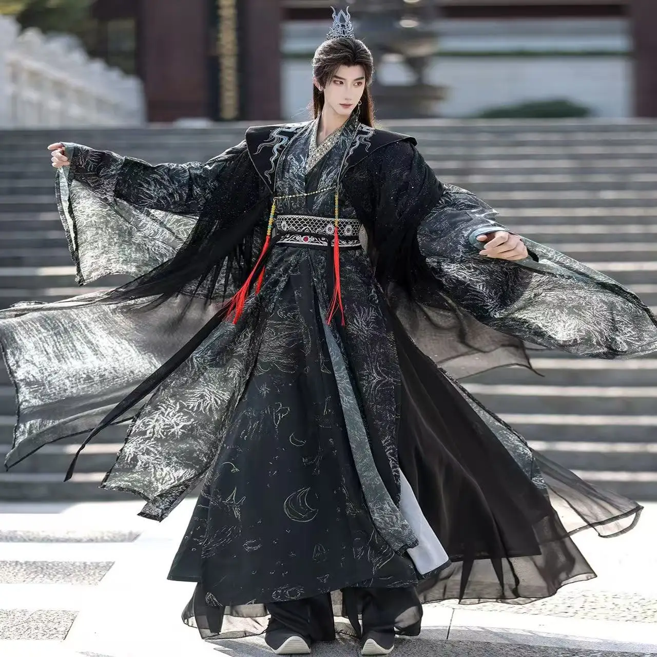 Фото Темно-черный король Hanfu, мужская одежда в традиционном китайском стиле, древний крестовый воротник, халат с большими рукавами, костюмы для косплея из комиксов №1