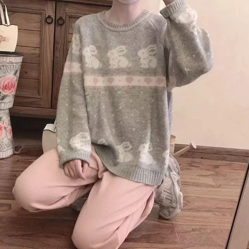 Серый жаккардовый свитер Love Rabbit для девочек Свободный вязаный пуловер большого