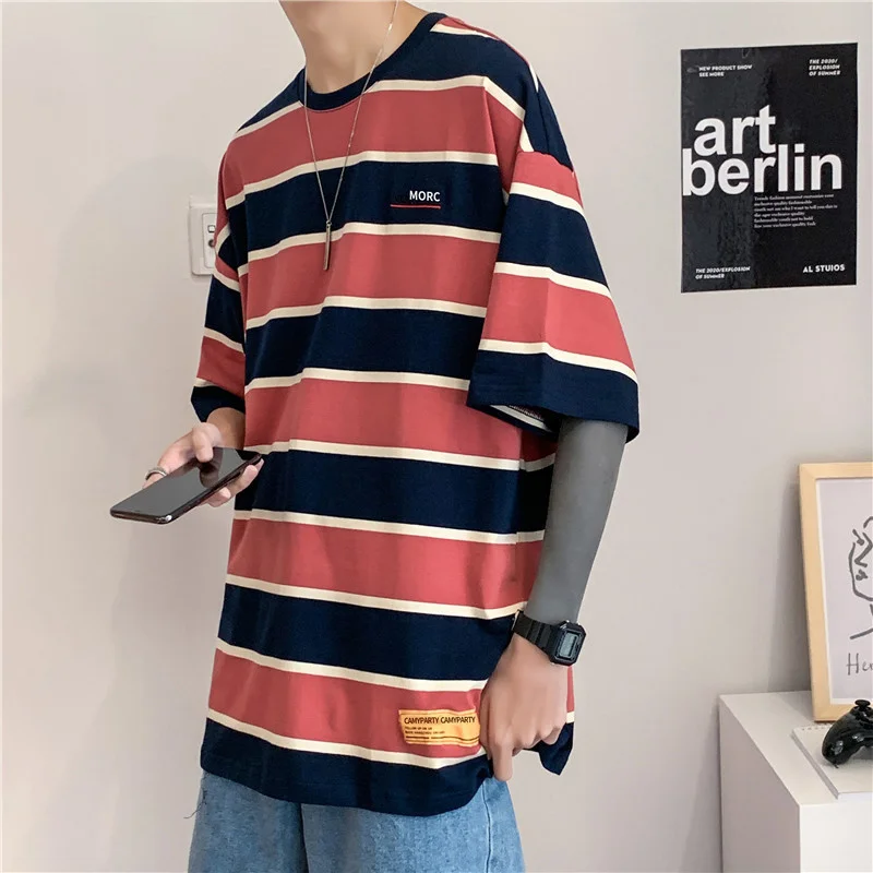 

2022 Oversized Casual Cotton T Shirt For Men Clothing Striped Korean Japanese Streetwear BOY T-SHIRT Y2k Clothes ROUND NECK TOP