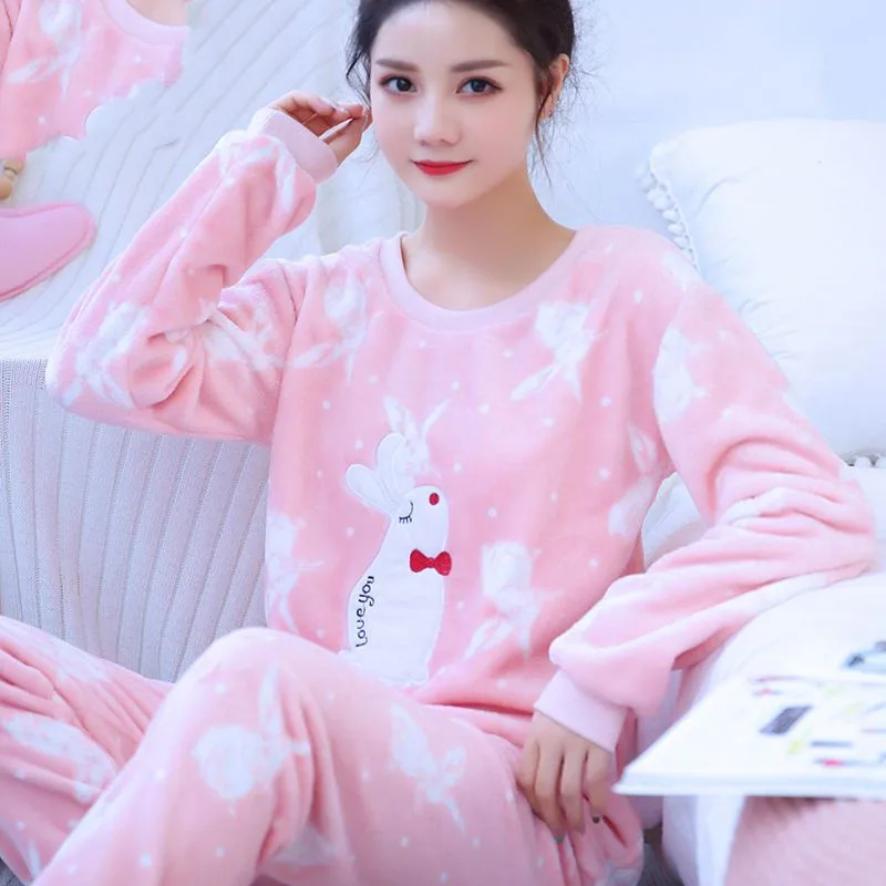 Cartoon Pajamas Set Sexy Sleepwear For Women Flannel Full-Length Pyjama Women's  Winter 2022 Fashion Homewear Clothes Plus Size