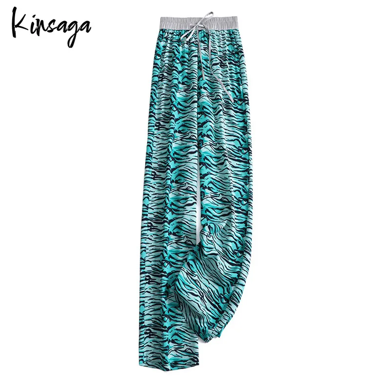 

Drawstring Gray Leopard Tie-dye Draped Loose Straight Women's Pants Summer High Elastic Waist Wide-leg Ice Chiffon Leisure Pant
