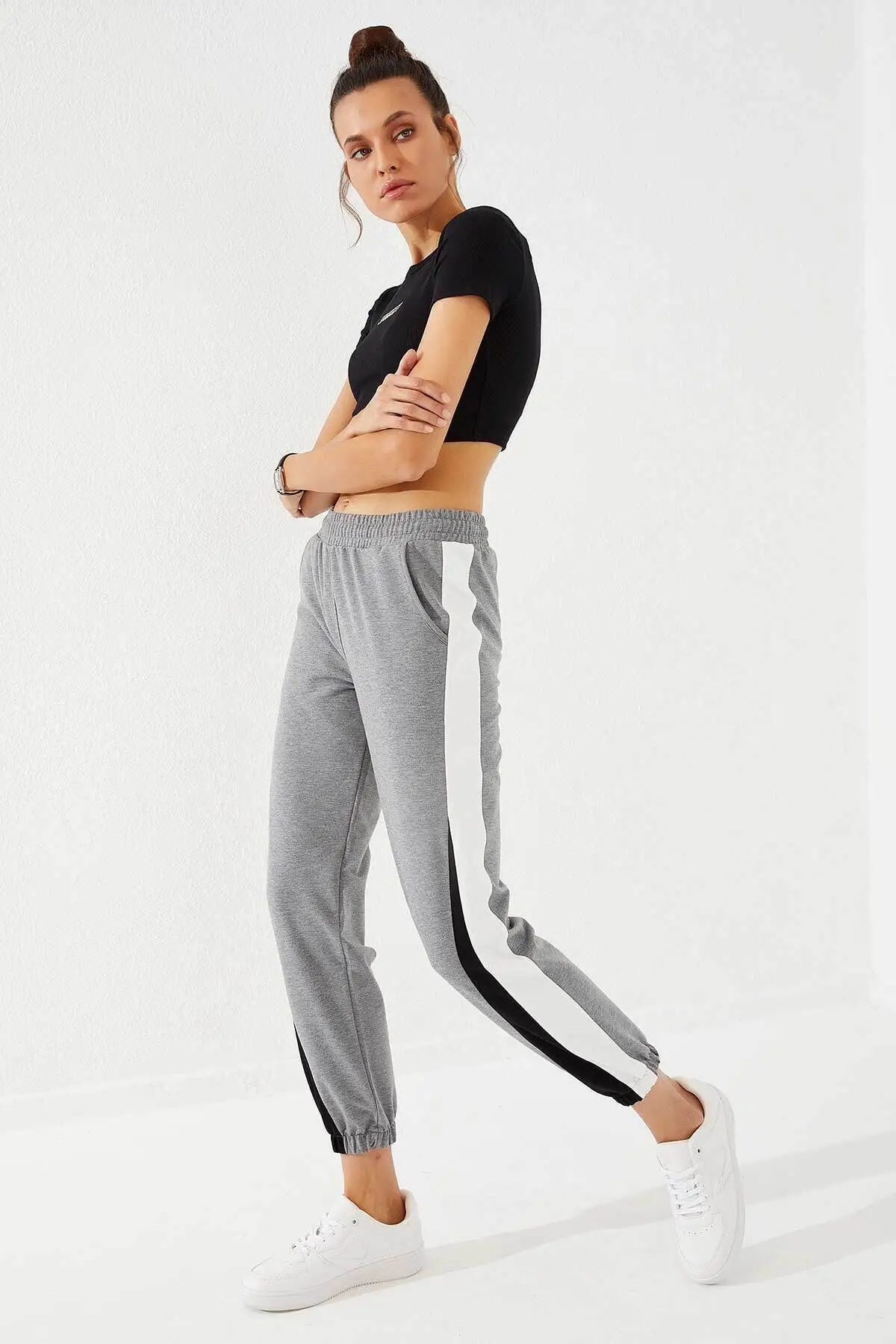 Women's Two Color Garnish Gray Melange Elastic Leg Tracksuit Bottom Casual Wear Sport Women Pants Casual Cotton Outfits