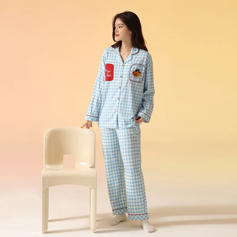 Autumn Casual Pajama Women Turn-Down Collar Long Sleeve Sleepwear Pants 2 Piece Sets Korean Pajamas Men Kawaii Home Clothes Suit
