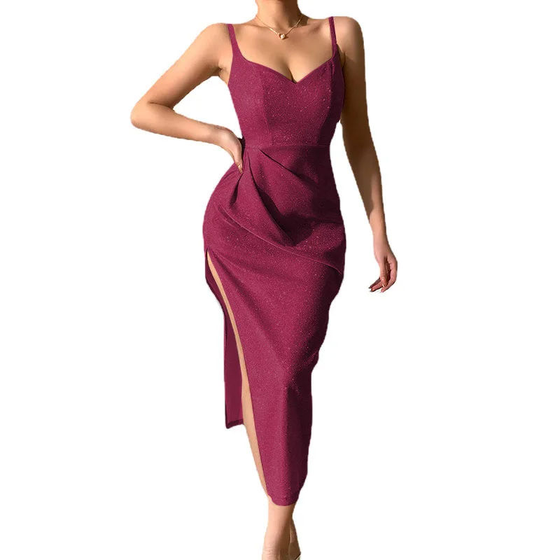 

Elegant Silver V-neck Women Midi Dress Split Sexy Slim Strap Backless Solid Color Long Dresses y2k Summer Gothic Party Clubwear