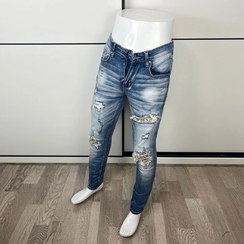 Street Fashion Men Jeans Retro Blue Elastic Stretch Slim Fit Hole Ripped Jeans Men Patched Designer Hip Hop Denim Pants Hombre