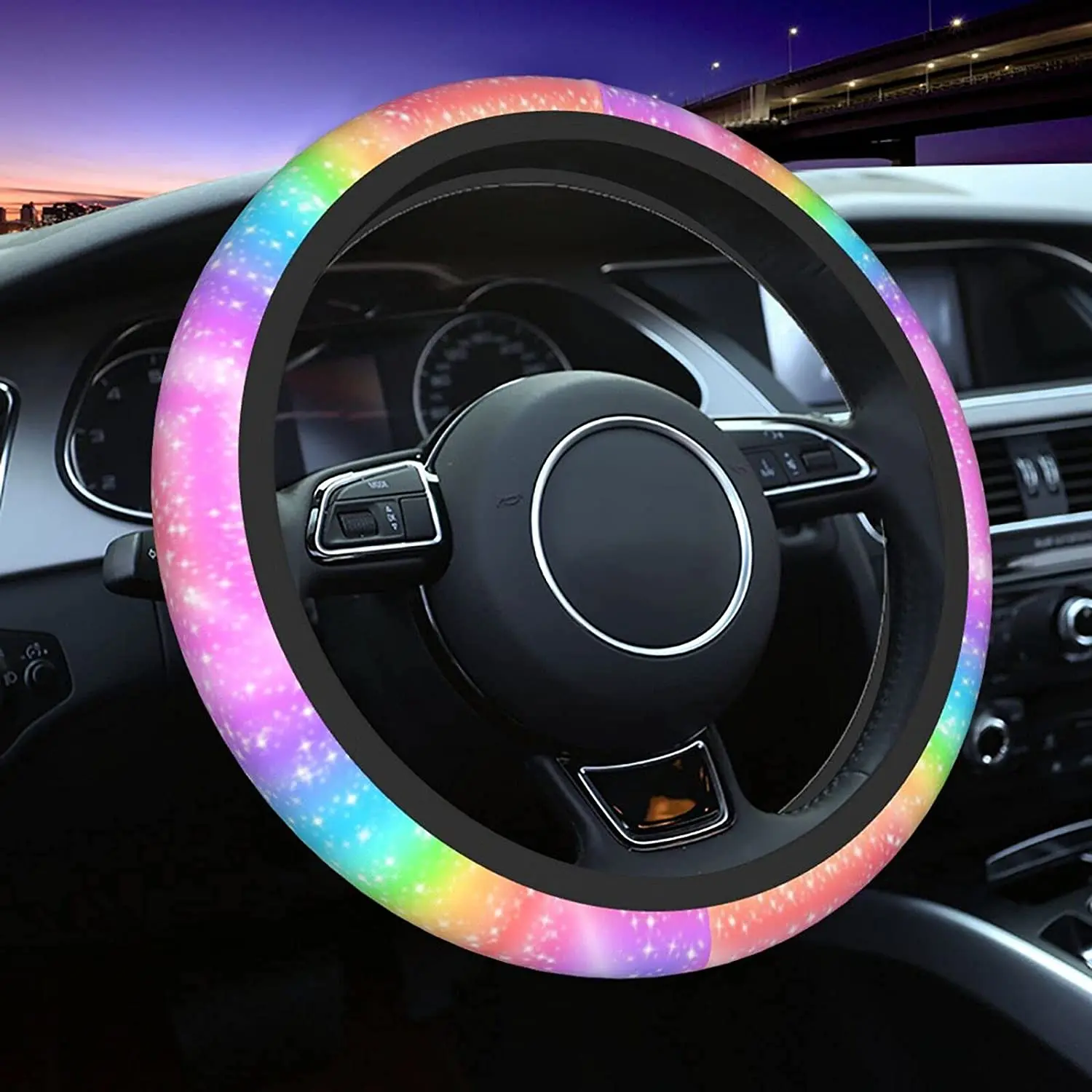 Colorful Rainbow Steering Wheel Cover Car Accessories Cute for Women Girls Girly 15 Inch  Auto Interior Decor Anti Slip Truck