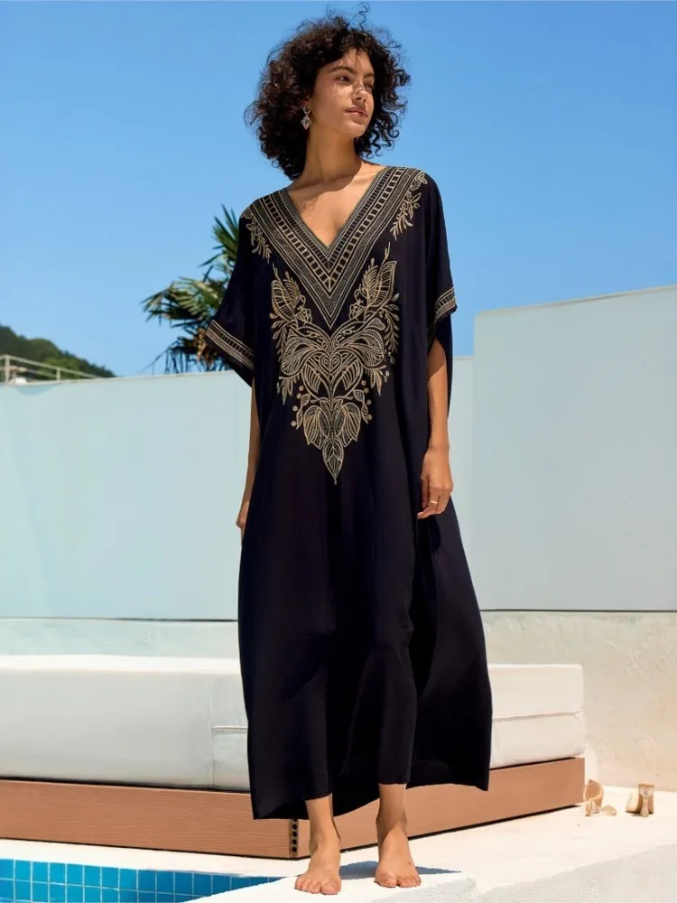 2025 Print Maxi Dress Batwing Sleeve Tunic Spring Summer Beach Casual Plus Size Women Beachwear Kaftan Cover-ups
