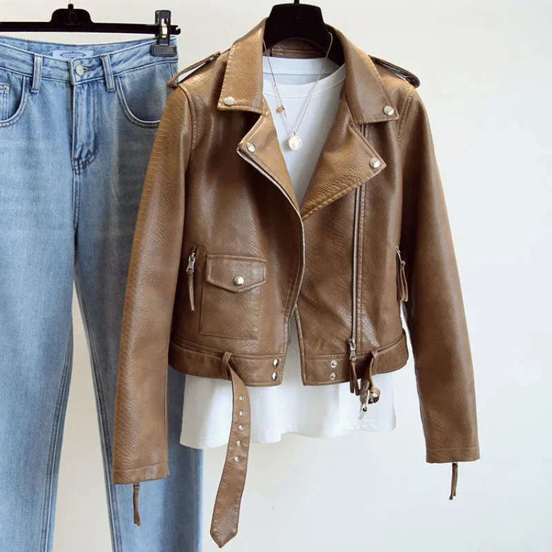Женская укороченная кожаная куртка новинка 2024 весна-осень корейский стиль