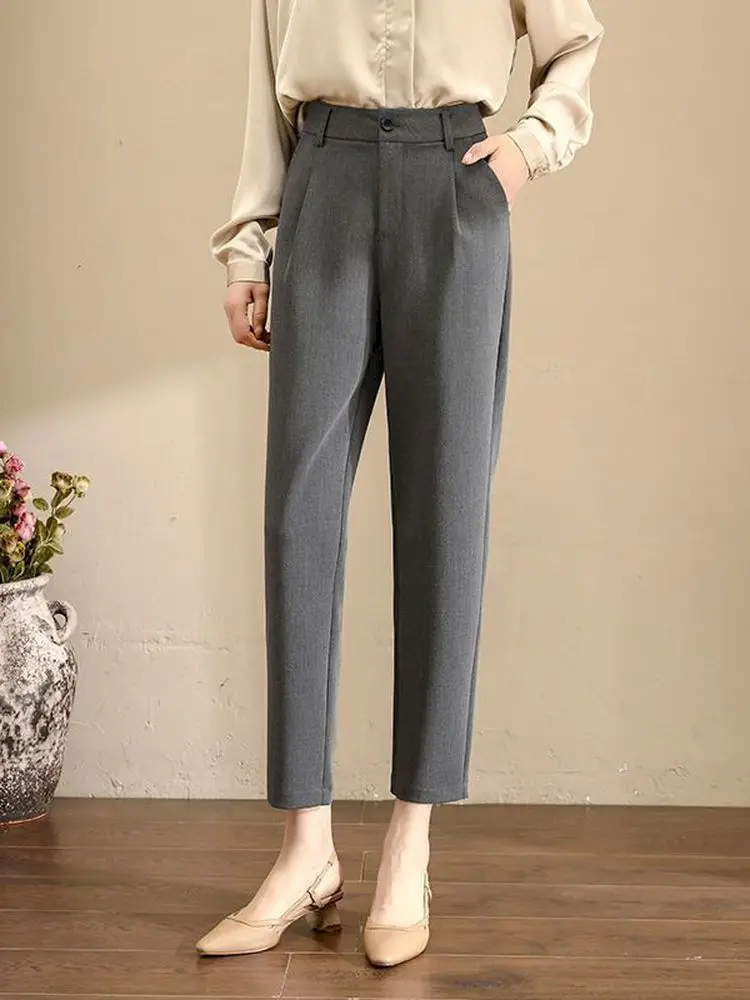 

Women Office Lady Ankle-Length Pants Korean Fashion Spring Loose Work Harem Pants Classic Solid High Waist Grey Suit Pants Solid