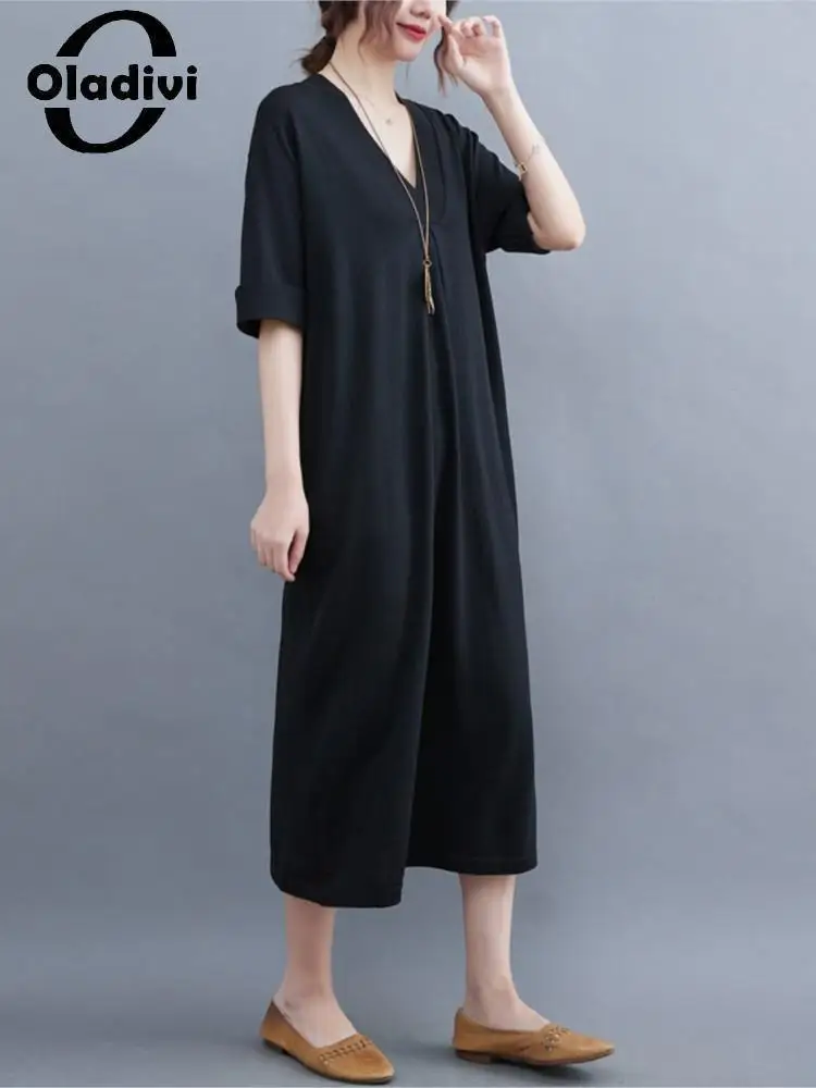 

Oladivi Korea Style Foreign Trade Knitted Large Size V-neck Dress Women Solid Colour Short Sleeve Literary Oversize Dresses 8568