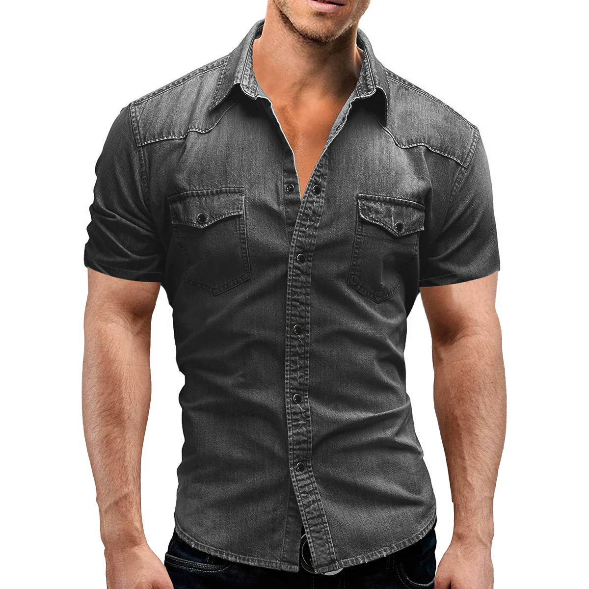

Джинсовая рубашка мужская с короткими рукавами, Тонкая блузка из мягкого хлопка, Облегающая джинсовая ковбойская рубашка с двумя карманами...