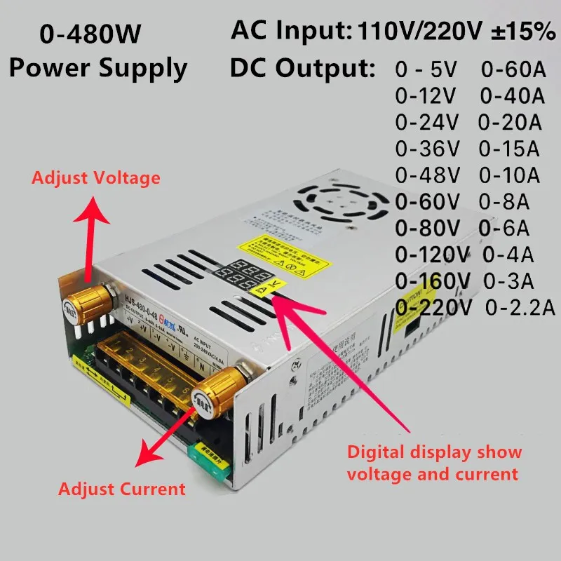 Регулируемый импульсный источник питания AC DC 5V 12V 24V 36V 48V 60V 80V 120V 160V 220 W с цифровым
