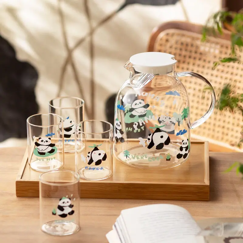 

Panda High Borosilicate Water Bottle Household Large Capacity Glass Water Ware Set Cartoon Cute Decal One Pot and Four Cups