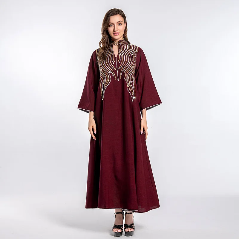 Women Pleated Muslim Dress Autumn Full Sleeve O-Neck Solid Color Sundress Casual Loose Elegant Robe Turkey Abaya Vestido