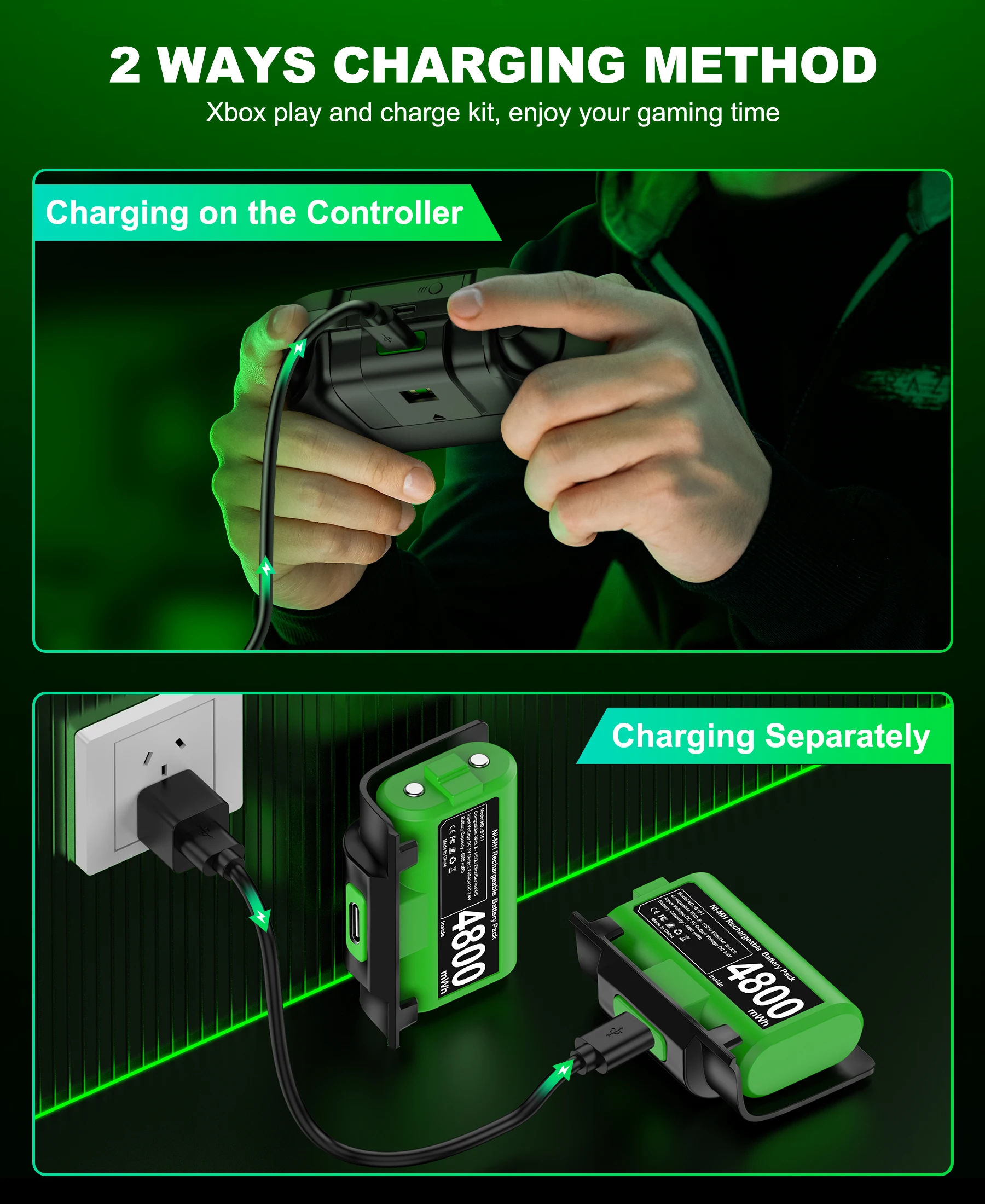 Фото Перезаряжаемый аккумуляторный блок BEBONCOOL для геймпадов Xbox One, 2 аккумулятора по 4800 мВтч для контроллеров Xbox Series X/S с кабелем Type-C №5